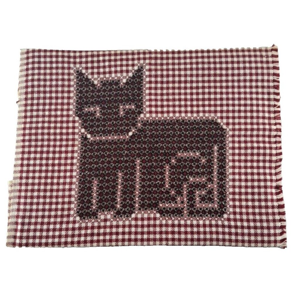 Finished Needlepoint Fabric Cat Picture Red Gingham Country Cute Cottage 11x14
